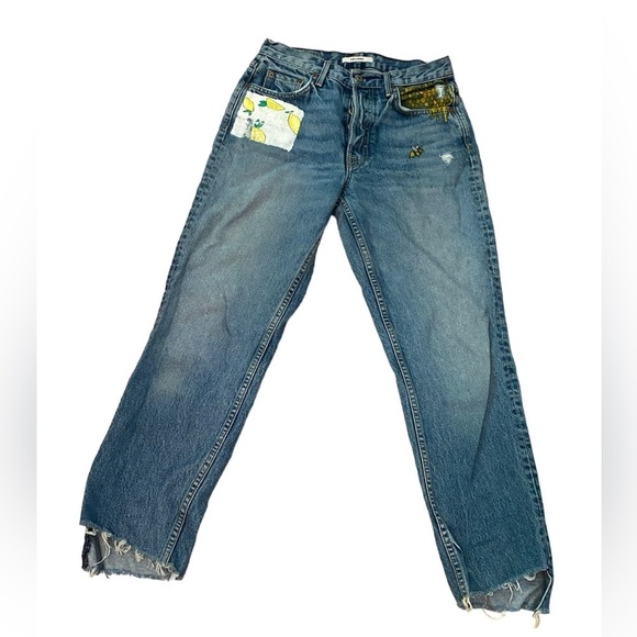 GRLFRND / Helena custome painted bee lemon Straight Leg Jeans Close To You 26 - Picture 1 of 8